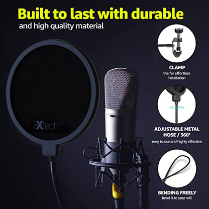IXTECH Pop Filter for Mic Pop Filter for Blue Yeti Microphone Pop Filter Mic Pop Filter Dual Layered Sound Shield Guard Windscreen with a Flexible 360 Degree Gooseneck Clip Stabilizing.