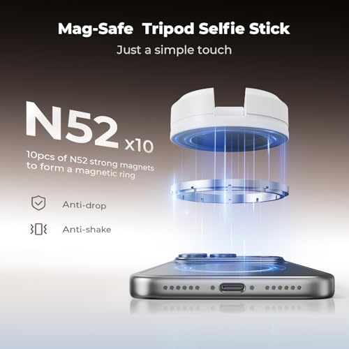 K&F CONCEPT 63'' Magnetic Selfie Stick Tripod, Lightweight Cellphone Stand with Wireless Remote, Compatible with iPhone 17 Pro Max/16/15/14/13/12 Series and All Phones - color: White