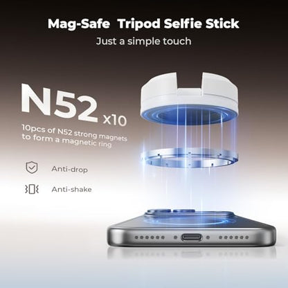 K&F CONCEPT 63'' Magnetic Selfie Stick Tripod, Lightweight Cellphone Stand with Wireless Remote, Compatible with iPhone 17 Pro Max/16/15/14/13/12 Series and All Phones - color: White