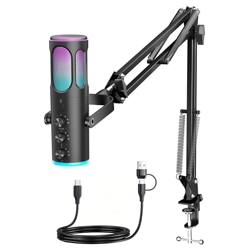 PUPGSIS Gaming Microphone for PC, USB Condenser Mic for PS4/5 and Mac, Noise Cancellation Computer Mic with Mute, Reverb, Adjustable Boom Arm, Pop Filter for Streaming/Podcasting/Recording/YouTube - size: With Arm Stand