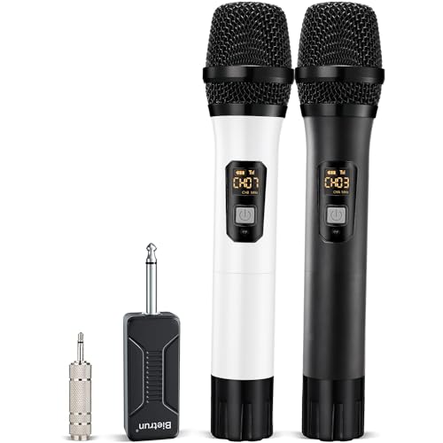 Wireless Microphone, Bietrun UHF Metal Dual Handheld Cordless Dynamic Mic System with Rechargeable Receiver, 1/4‘’Output, for Karaoke, Church, Speech, Wedding, Party Singing(160 ft Range)-Auto Connect - color: Black White