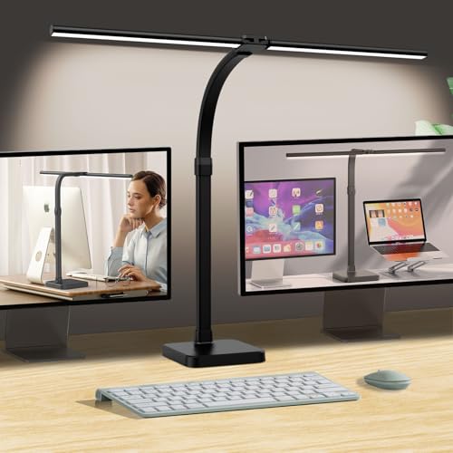 AKRRYR LED Desk Lamp for Home Office, Double Head 24W with Base, Architect Light 5 Lighting Brightness Flexible Gooseneck Table Reading Study, Black - color: Black-Desktop