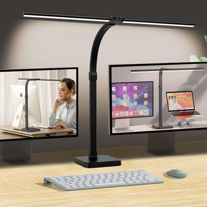 AKRRYR LED Desk Lamp for Home Office, Double Head 24W with Base, Architect Light 5 Lighting Brightness Flexible Gooseneck Table Reading Study, Black - color: Black-Desktop