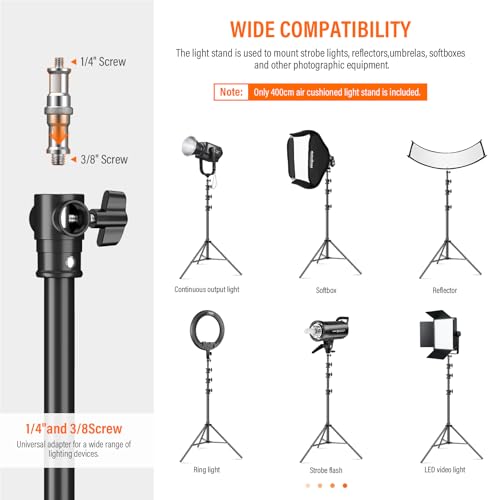 Heavy Duty Light Stand 13.12ft/400cm Adjustable 17.6lb/8kg Max Loading Photography Air Pressure Buffer Tripod Stand with 1/4” to 3/8” Screw Adapter for Strobe,LED Video Light, Monolight, Softbox