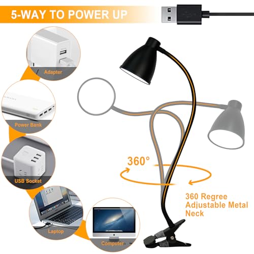 BOHON Desk Lamp 5 Color Modes 10 Brightness Dimmer Reading Light Black | 10W 38 LED Clamp Lamp with Auto Off Timer 360° Flexible Neck Clip on Light for Bed Bedside, AC Adapter Include - color: Black