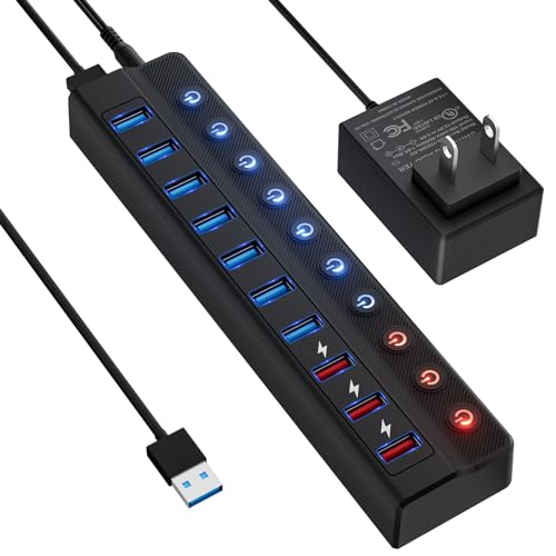 ONFINIO Powered USB Hub, 10-Port USB Splitter Hub (7 Faster Data Transfer Ports+ 3 Smart Charging Port) with Individual LED On/Off Switches and 12V/3A Power Adapter USB Extension for Mac, PC and More - style: 10 PORT QC 3.0