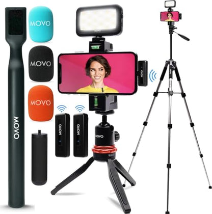 Movo iVlogger Wireless Vlogging Kit for iPhone with Dual Wireless iPhone Microphone, WMX-HM, Remote, Phone Mount, LED Light, and Tabletop/Full-Size Tripods - YouTube Starter Kit, Content Creator Kit