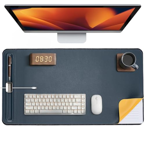 Desk Mat – Double-Sided Vegan Leather & Felt | Built-In Magnetic Cable Organizer & File Storage | Premium Workspace Pad for Office, Gaming & Creative Professionals-（Green） - color: Navy Blue