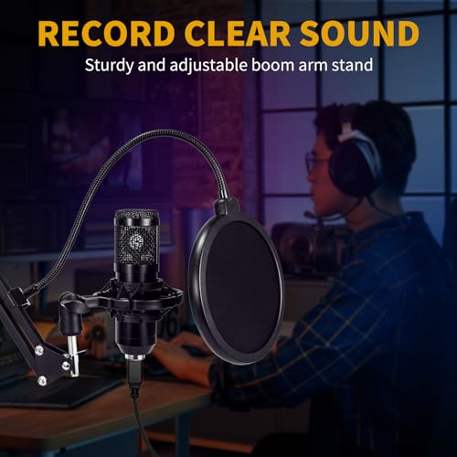 AMOOX Condenser Microphone,Professional USB Microphone Plug & Play PC Computer Microphone Condenser Cardioid Mic Kit with Adjustable Boom Arm Stand Shock Mount,for Podcast,Streaming,YouTube，Tiktok
