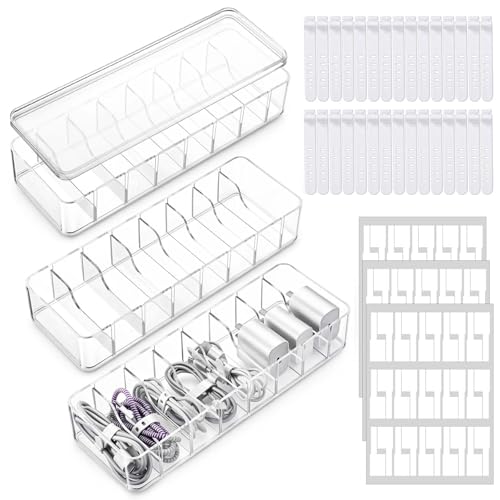 3 Pack Cable Organizer Storage Box with 30 Wire Ties and Sticker, Clear Cord Storage Organizers with Lid, Phone Charger Organizer Case Wire Organizers, Desktop Cable Management Box for Home Office