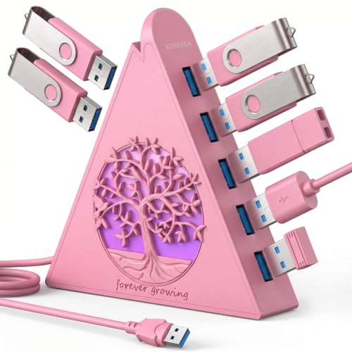 7-Port USB 3.0 Hub, RGB USB Hub with RGB Tree Light and 2ft Cable, USB Hub 3.0 Pink USB Expander for Laptop, PC, Flash Drive, HDD, Console, Printer, Keyboard, Mouse (Pink) - color: 3-Tree Pink