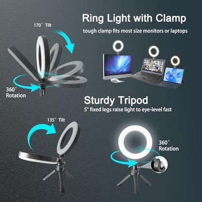 6" Ring Light Video Conference Kit, 5-Color 10-Brightness Clip-On Light with Stable Ring-Light Clamp & 5" Tripod, Desk/Zoom/TikTok, Makeup Light, Selfie Light