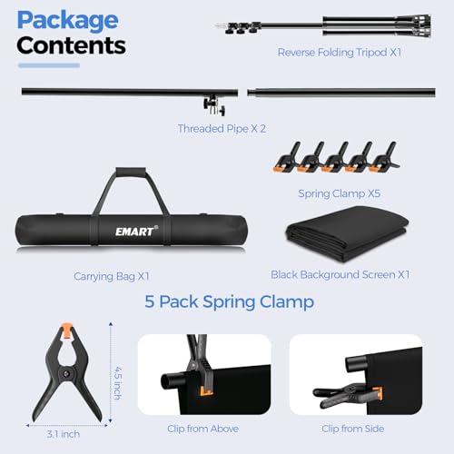 EMART Black Photo Backdrop with Stand Kit 10x5ft, Photography Black Background Screen with Portable T-Shape Support and 5 Clamps for Video Recording, Meetings, Self Tape - size: 5x10ft