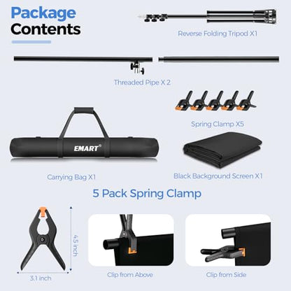 EMART Black Photo Backdrop with Stand Kit 10x5ft, Photography Black Background Screen with Portable T-Shape Support and 5 Clamps for Video Recording, Meetings, Self Tape - size: 5x10ft