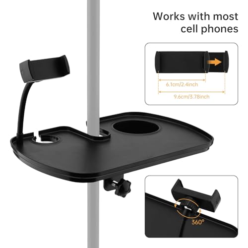 Microphone Stand Tray with Phone Holder, 12.2" Large Clamp On Shelf Table | Fits 0.4"-2" pole. Hold 9.9 lbs. Raised edge. Fits karaoke music stand studio concert floor lamp beach sunshade table storage