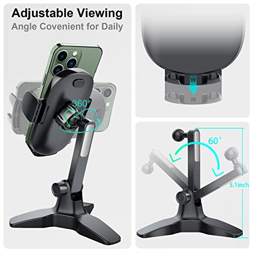 OQTIQ Cell Phone Stand for Desk with 360° Ball Head Swivel, Sturdy Heavy Duty Tripod Base, Thick Case Friendly, Home Office Desk Accessories Phone Stand for iPhone Android Phones