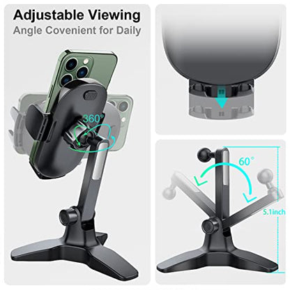 OQTIQ Cell Phone Stand for Desk with 360° Ball Head Swivel, Sturdy Heavy Duty Tripod Base, Thick Case Friendly, Home Office Desk Accessories Phone Stand for iPhone Android Phones