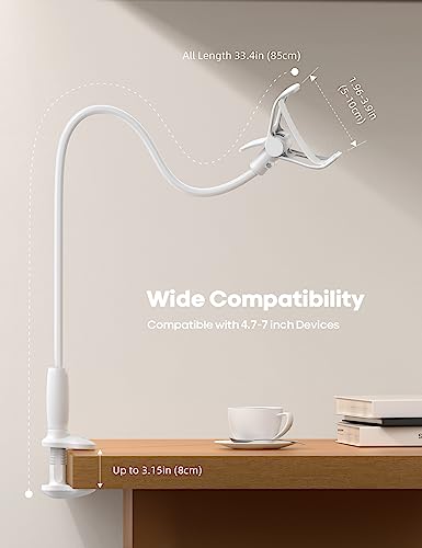 Lamicall Gooseneck Phone Holder for Bed - 360 Adjustable Clamp Clip, Overhead Cell Phone Mount Stand for Desk, Compatible with All Cellphone, White - color: Snow White
