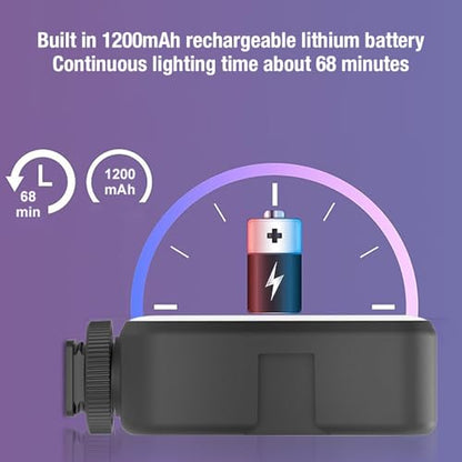 RGB LED Video Light with 360-Degree Color Adjustment & 3 Cold Shoe Mounts, 1200mAh Rechargeable Portable Photography Light for Streaming Studio Content Creation