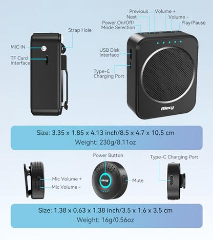 Portable Voice Amplifier with Wireless Lapel Microphone, Personal Microphone for Teachers, Rechargeable PA System for Classroom,Yoga, Meetings, Speeches