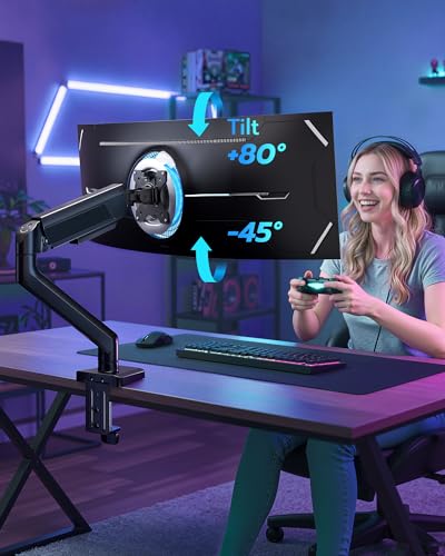 ARES WING Heavy Duty Single Monitor Arm - Fully Adjustable Monitor Mount for 17"-40" Ultrawide Screens up to 26.4 lbs with Clamp/Grommet Desk Mount and USB A/C, 75/100 Vesa Mount, Black - color: Black, style: With USB