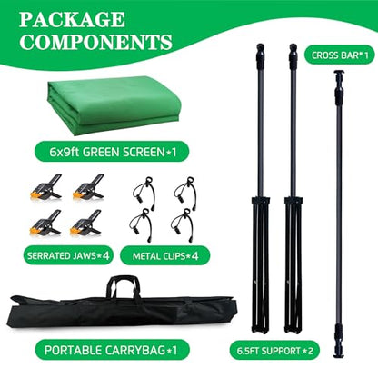 2-in-1 Green Backdrop Stand Kit - 6x9 ft Green Backdrop with 6.5x6.5ft Portable Photography Stand for Video Streaming,Zoom Meetings,Parties,Anti-Wrinkle Polyester Fabric - size: 6.5' (W) x 6.5'(H)