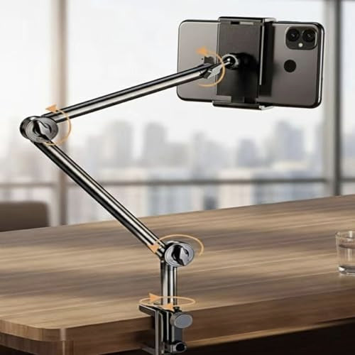 Phone Stand with Heavy-Duty C-Clamp, 3-Section Adjustable Desktop Mount Stand for Phone, 360° Ball Head Flexible Desk Mount