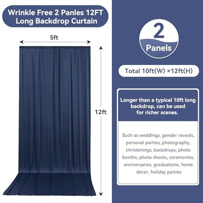10ftx12ft Wrinkle Free Navy Blue Backdrop Curtain, 2 Panels 12FT Height Navy Blue Wedding Backdrop Drapes, Silky Polyester Back Drop Cloth for Birthday Photography Background Party Backdrop Draping - color: Navy Blue, size: (W)5ft x (H)12ft (2 Panel)