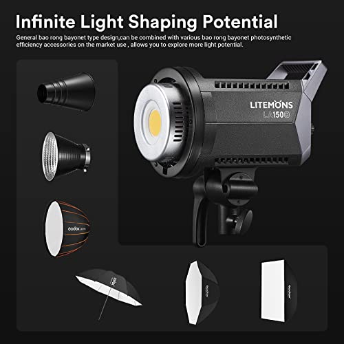 Godox Litemons LA150D 190W Daylight LED Video Light, 84,800Lux@1M (5600K), CRI 96+, TLCI 97+, Bowens Mount, 8 FX Effects, App Control, Compact Studio Bright LED Light for Video&Photography