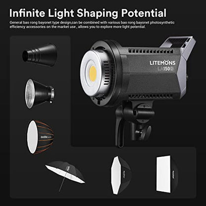 Godox Litemons LA150D 190W Daylight LED Video Light, 84,800Lux@1M (5600K), CRI 96+, TLCI 97+, Bowens Mount, 8 FX Effects, App Control, Compact Studio Bright LED Light for Video&Photography
