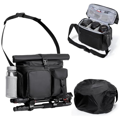 Smasrob Camera Bag with Tripod Holder, Rain Cover and Hidden Water Bottle Holder, Camera Sling Bag with Extra Storage Section, Black