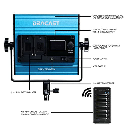 Dracast X Series LED500 - Daylight 5600K LED Video Light Panel | Bluetooth App Control | Dimmable 0-100% | CRI & TLCI 96+ | Dual NP-F Battery Plate | Studio & Portrait Photography | Live Streaming