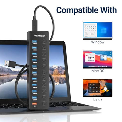 Powered USB Hub, 11-Port USB 3.0 Hub Splitter - 10 USB 3.0 Data Transfer Ports + 1 Smart Charging Port, USB Hub 3.0 Powered with Individual LED On/Off Switches and 5V/4A Power Adapter