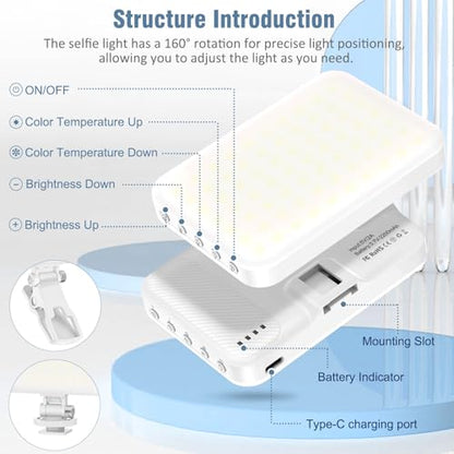 ALTSON 60 LED Portable Selfie Light Video Conference Lighting with Clip & Camera Tripod Adapter Rechargeable 2200mAh CRI 97+, 9 Light Modes for Phone iPhone Webcam Laptop Photo Makeup - color: Pearl White