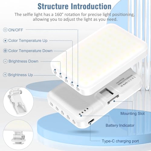 ALTSON 60 LED Portable Selfie Light Video Conference Lighting with Clip & Camera Tripod Adapter Rechargeable 2200mAh CRI 97+, 9 Light Modes for Phone iPhone Webcam Laptop Photo Makeup - color: Pearl White