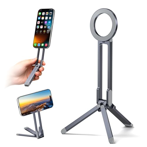 Itramax Magnetic Cell Phone Tripod,Adjustable Phone Holder for Desk,Portable Mini Tripod Phone Mount for Travel,Vlogging,Selfies,Compatible with MagSafe iPhone 17 16 15 14 13 12 & All Smartphones,Grey - color: Gray