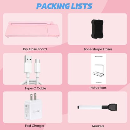 SHANTRA 16'' x 7'' Desktop Whiteboard with Fast Charger Station & Adjustable LED Lamp, Pink Desk Dry Erase Board with Organizer, Computer Pad & Keyboard Stand for Home, School, Office Desk Accessories - color: Pink With Led Lamp & Charger Station