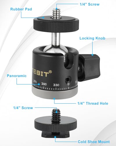 UTEBIT Panoramic Tripod Head with 1/4" Camera Hot Shoe Mount, Black | Mini Ball Head DSLR Camera Mount Adapter Photograph Attachment Accessories for Action Cameras Cam Smartphone Light Microphone - style: 20mm Scale BallHead