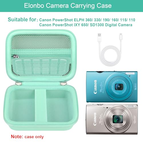 Elonbo Carrying Case for Canon PowerShot ELPH 360 HS A/ 360 HS/ 360/ IXY 650 Digital Camera, Canon PowerShot ELPH 330/190/160/115/130/110 Camera Hard Travel Bag, Mesh Pocket fits Cable, Light Green - color: Light Green