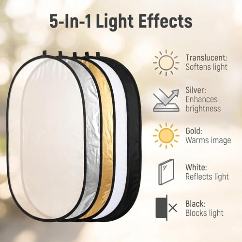 24" x36”(60x90cm) 5-in-1 Oval Foldable Reflector with Carrying Bag, Portable for Studio/Macro Photography - Translucent, Silver, Gold, White and Black