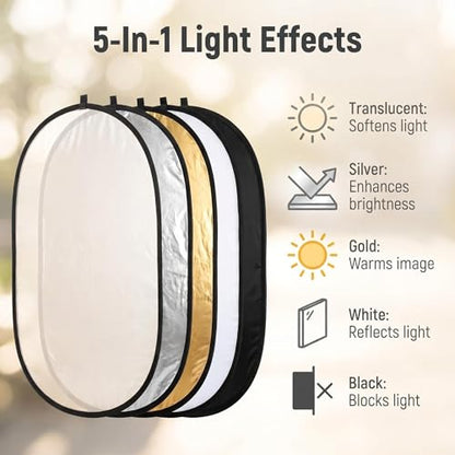 24" x36”(60x90cm) 5-in-1 Oval Foldable Reflector with Carrying Bag, Portable for Studio/Macro Photography - Translucent, Silver, Gold, White and Black