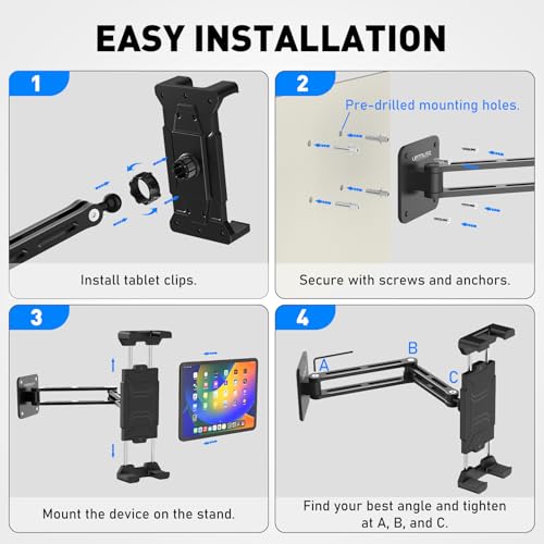 Urmust Tablet Wall Mount Holder for iPad, 4.7-15.6" | 360° Rotation Adjustable, Aluminum Extendable Arm, iPad mini/Air/Pro/Galaxy Tab/Kindle, Kitchen Home Office - size: 2 Arm Pro-Up to 15.6"