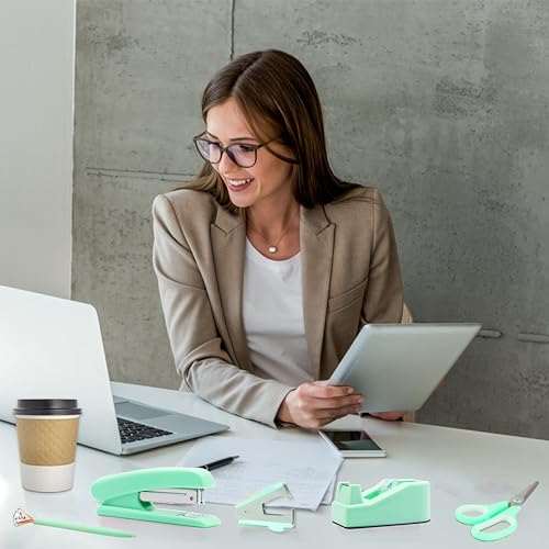 Green Office Supplies, Purple Desk Accessories, Stapler, Staple Remover, Tape Holder, Pen Holder, Ballpoint Pen, Scissor, Binder Clips, Paper Clips and 1000pcs Staples. - color: Green