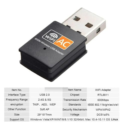 Dual-Band USB WiFi Adapter, Black - for Laptops and Desktops, Compatible with Windows, Mac, and Linux