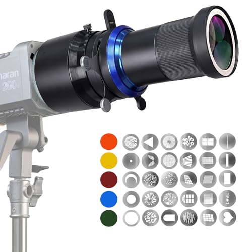 Bowens Mount Snoot Spotlight GOBO Projector- Compatible with Aputure Storm 400X/Amaran 60D/XS/100X/D, Godox SL60, Includes 5 Color Filters 30 Gobos. with 4 Leaves Barndoor Insert Studio Photography - size: Extended Bowens Mount