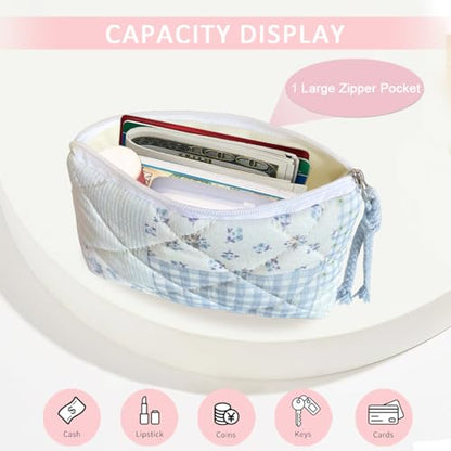Cotton Quilted Floral Coin Purse Digital Camera Pouch with Cute Prints Zipper for Women Girls (BLUE PATCH) - color: BLUE PATCH