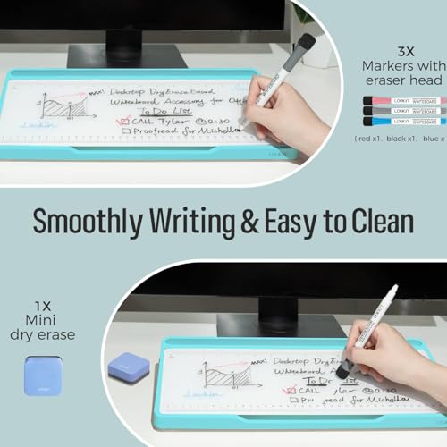 LOUKIN Glass Desktop Whiteboard, 15.3" x 5.6" Dry Erase Desk Board with Dotted and Graduated Surface, Desktop Buddy, Great for Design and Drawing, 3 Markers and 1 Dry Erase Eraser Included (Sky Blue) - color: Sky Blue