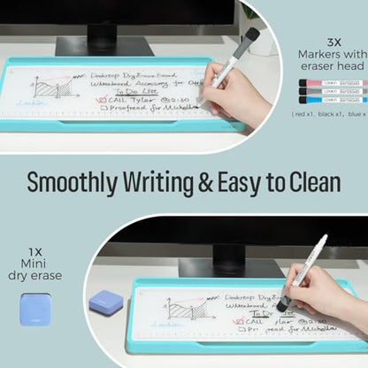 LOUKIN Glass Desktop Whiteboard, 15.3" x 5.6" Dry Erase Desk Board with Dotted and Graduated Surface, Desktop Buddy, Great for Design and Drawing, 3 Markers and 1 Dry Erase Eraser Included (Sky Blue) - color: Sky Blue