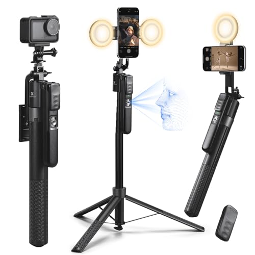 K&F CONCEPT 71“ Auto Face Tracking Tripod, 360° Rotation Selfie Stick with 2 Fill Lights, Gesture Remote Control for Vlogging, Live Streaming Video Recording, Compatible with iPhone Android Pocket 4/3 - style: With 2 Fill Lights
