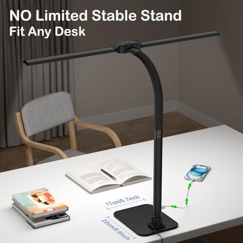 Desk Lamp with USB Charging Port for Home Office 24w Architect Remote Base Dual Task Led Light Modern 5 Color Modes Dimmable Adjustable Gooseneck Double Head Reading Drafting Eye Caring Tall Lamps - color: 360-Black-1
